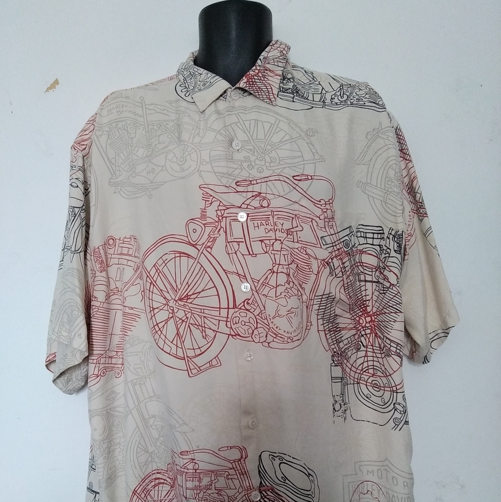 Harley-Davidson Beige and Red Casual Button Down Shirt